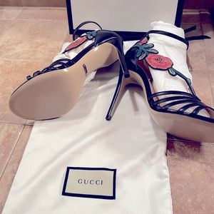 Black Leather Ankle Heels, Flower Embroidery, Size 7, New